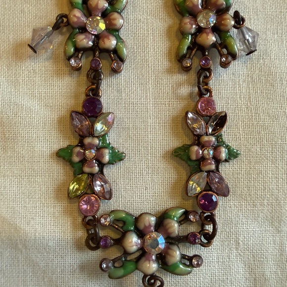 Cookie Lee Enamel Floral Green  and Pink  and crystals Necklace - Picture 5 of 8